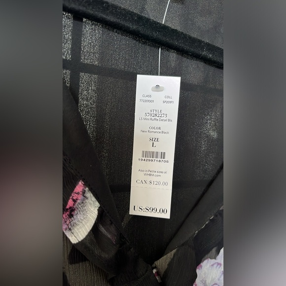 WHBM NWT Blouse Size L long sleeve black floral with tie at the neck. - Picture 7 of 13